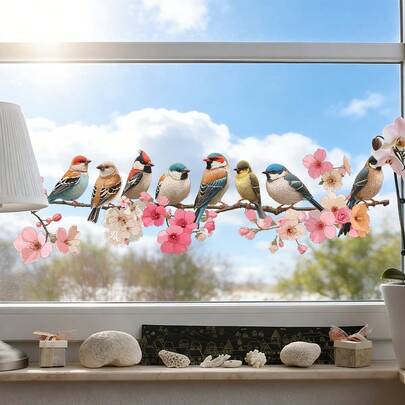 BRUP 1/2 vellen/set Kleurrijke vogels op een bloesemtak raamsticker - Herbruikbare statische sticker voor lente huisdecoratie, raamdecoratie met lentethema