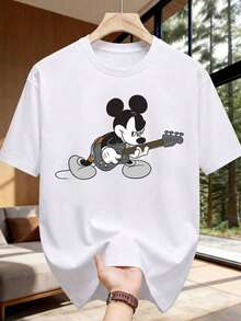 Disney Stylish And Cool Mickey Mouse Pattern Men's T-Shirt, Niche Art Style Youthful Short-Sleeved Shirt, All-Season Pure Cotton Loose Crew Neck T-Shirt, Suitable For Vacations, Outings, Parties, And Daily Commutes. - White - View 1