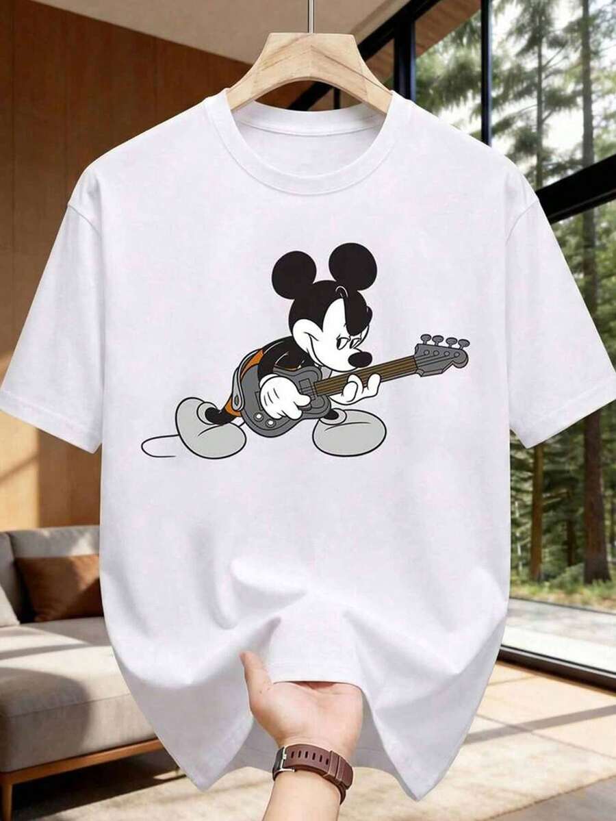 Disney Stylish And Cool Mickey Mouse Pattern Men's T-Shirt, Niche Art Style Youthful Short-Sleeved Shirt, All-Season Pure Cotton Loose Crew Neck T-Shirt, Suitable For Vacations, Outings, Parties, And Daily Commutes. - White - View 1
