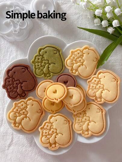 A Small Bear Bouquet-Patterned Cookie Cutter, A Cute Little Bear Cookie Stamp, A Kitchen Family Cookie Mold, A Gift For Children, Wedding Decoration Pastry-Making Tools