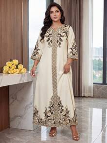 SHEIN Lady CURVE 大码优雅复古印花V领连衣裙 - 彩色 - 查看 7