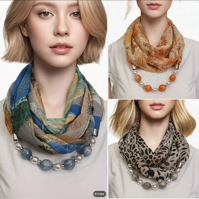 3-Loop Round Bead Chain Decorative Scarf, Chiffon Breathable Skin-Friendly Printed Scarf, Elegant And Graceful Scarf