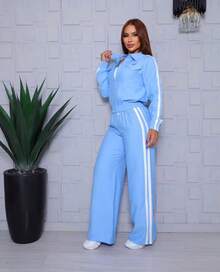 Women's Two-Tone Dress Set, Comfortable And Elegant For Travel, Chic Striped Outfit. - 淺藍色 - 查看 1