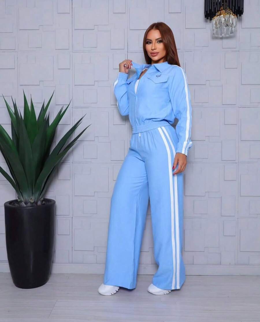 Women's Two-Tone Dress Set, Comfortable And Elegant For Travel, Chic Striped Outfit. - Màu xanh nhạt - Xem 1