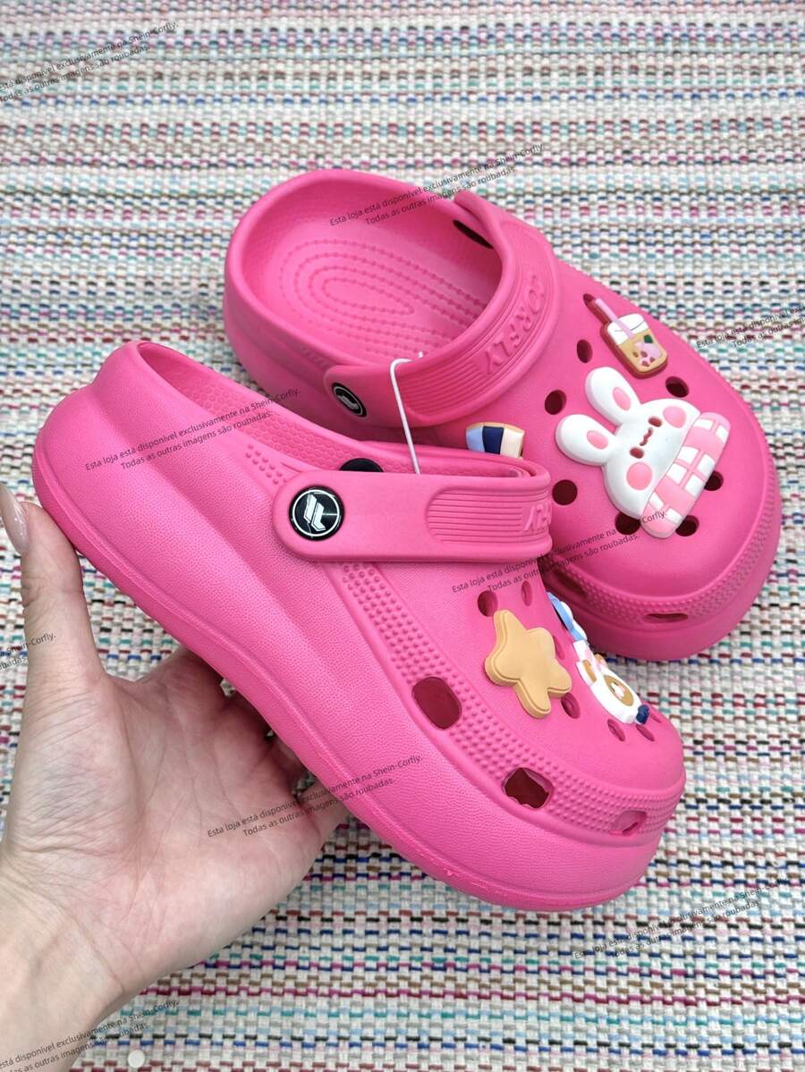 Children's Platform Crogs Shoes With Random Pendant - Lightweight And Comfortable, Odorless, 100% EVA - Hot Pink - View 1