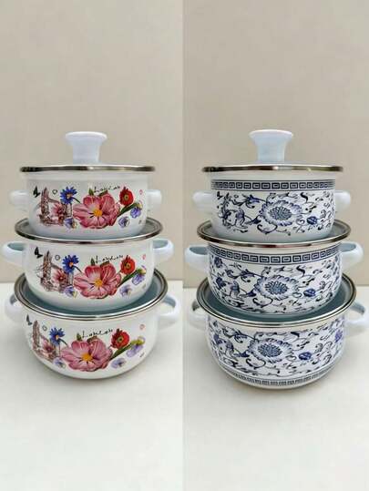 3pcs Enamel Ceramic Pot Set, Mini Soup Pot, Porridge Pot, Milk Warmer Pot, Double Ear Pot, Uncoated Pot, Suitable For Induction Cooktop & Gas Stove