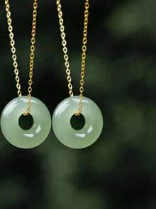 1件18K镀金不锈钢仿绿玉圆形吊坠项链，适合女士日常佩戴，情人节礼物 - 彩色 - 查看 18