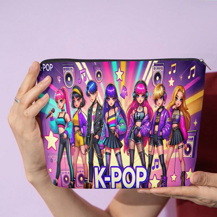 1个K-Pop组合主题化妆包兼旅行收纳包,双面亚麻材质,印有K-Pop标志和韩国流行文化图案。可折叠轻便男女通用手提包,可用作文化周边袋、铅笔盒或K-Pop粉丝礼物。 - 彩色 - 查看 1