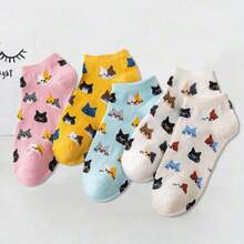 1/5 pares de calcetines cortos de mujer con estampado de gato, calcetines de barco de moda urbana, suaves y duraderos - Multicolor - Ver 5