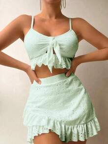Cute    Ruffle Hem    3 Piece Swimsuit And Cover Up Set  Beach - 薄荷綠 - 查看 1