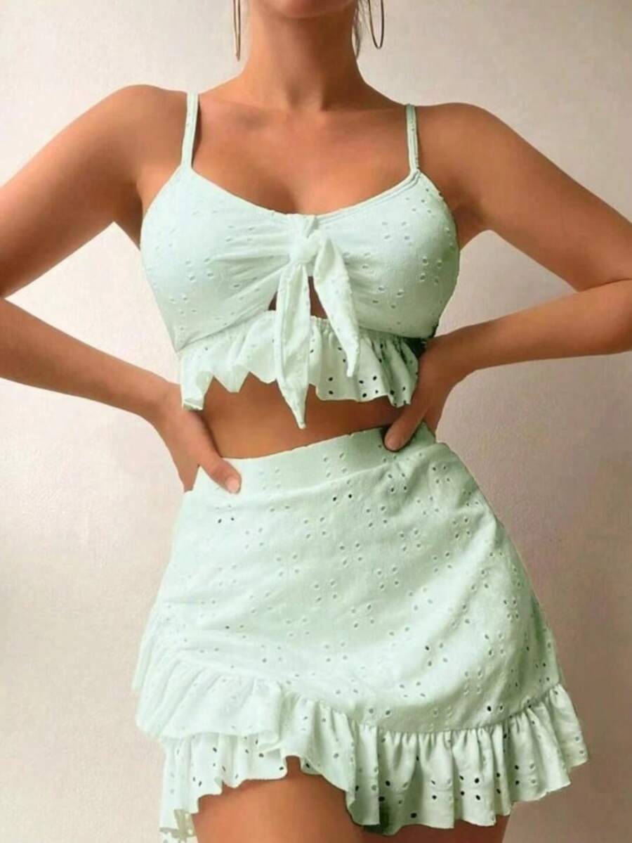 Cute    Ruffle Hem    3 Piece Swimsuit And Cover Up Set  Beach - 薄荷綠 - 查看 1