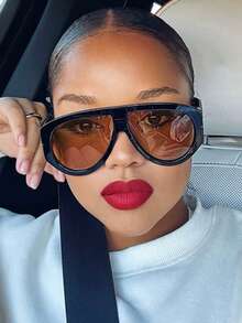 1 Pair Large Frame Toad Eye Glasses, Personalized Fashion Glasses, Full Frame Versatile Retro Women Glasses, Suitable For Travel, Street Photography, Beach And Other Occasions - 9577-茶色 - 查看 2