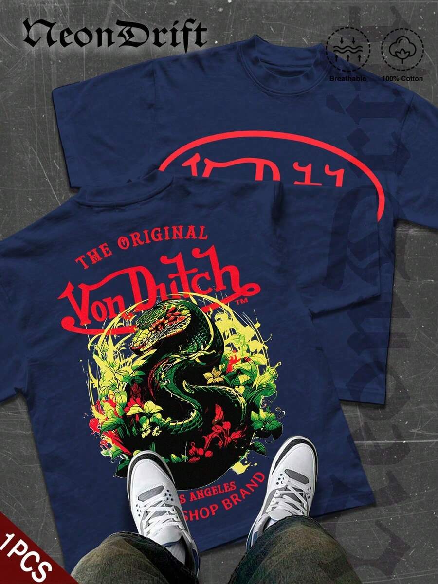 NeonDrift Double-Sided Printing Men's T-Shirt Men's Short-Sleeve T-Shirt100% Cotton Fabric Soft & Skin-Friendly Unisex Style Gifts For Spring Festival, Valentine's Day, St. Patrick's Day & World Cup-Van Dutch Dragon Print Men T Shirt Classic Americana Style Graphic Tee Streetwear Fashion Casual Wear For Car Enthusiasts And Vintage Culture Lovers - 藏蓝色 - 查看 1