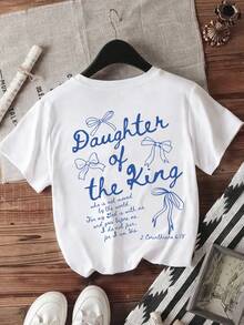 Girls' Minimalist Bow Slogan Print Round Neck Short Sleeve T-Shirt, New Spring/Summer Fashion Outfit - White - View 2