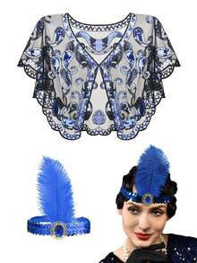 Forever & Moment 1920年代女士盖茨比风格服装配饰套装（2件套），包括亮片头饰、流苏披肩，适合20年代复古派对、盛大晚宴、舞蹈表演、化装舞会、咆哮的二十年代主题装扮等场合。 - 彩色 - 查看 15