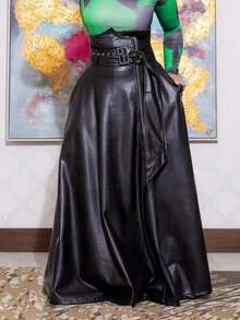 Plus Size Women's Elegant Faux Leather Skirt - Fashionable Solid Color Asymmetric Waist Design A-Line Skirt With Belt, Stylish For Work And Everyday Wear, Suitable For All Seasons Black Spring - Black - View 1