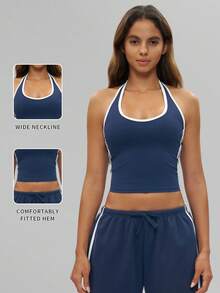 MFVIM 女士春秋季裸色海军蓝吊带运动文胸，白色3D立体线条，层次丰富，亲肤透气面料，舒适休闲运动上衣，适合户外跑步、骑行、普拉提、瑜伽、健身房锻炼，多功能女士运动内衣 - 藏蓝色 - 查看 4