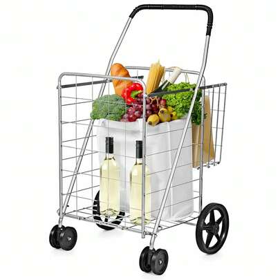 Carrito de compras plegable con cesta jumbo, para la compra y la colada, con ruedas giratorias, color negro