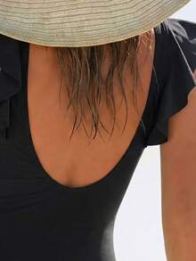 One Piece  Casual    Knitted Fabric    Cut Out  Ruffle Hem    Swimsuit  Vacation  Beach    Summer - Black - View 3