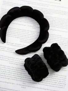 1条柔软天鹅绒化妆发带，女士防滑SPA发带，粉黑配色，面部护理发带，适用于洗脸、护肤、沐浴和美容 - 無 - 查看 6