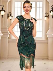 Đầm Flapper cổ điển thập niên 1920, đính cườm, sequin và tua rua, kiểu Gatsby, thích hợp cho tiệc cocktail, màu xanh đậm, đám cưới, mùa xuân. - Màu xanh lá cây đậm - Xem 5