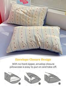Juego de ropa de cama a rayas de tulipán de color crema refrescante, 4 piezas, acogedor y curativo, transpirable y amigable con la piel, primavera/verano, todo el año, textura de gasa de doble capa desmontable y lavable a máquina (1 funda nórdica + 1 sábana + 2 fundas de almohada, sin edredón ni almohadas), patrón de funda de almohada aleatorio, individual/doble, adecuado para solteros, parejas, ambiente de hogar de alquiler - Celeste - Ver 9