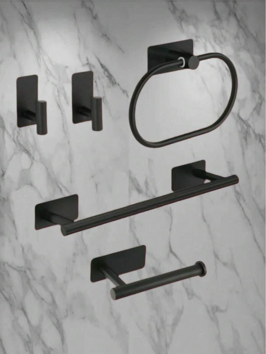 4/5/6件套不锈钢浴室毛巾环、毛巾杆、卫生纸架、挂钩套装，浴室收纳整理架，酒店专用 - 方底免釘 - 查看 1