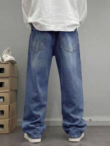 男士宽松阔腿水洗蓝色牛仔裤，休闲街头风格，四季皆宜 - 藍色 - 查看 5