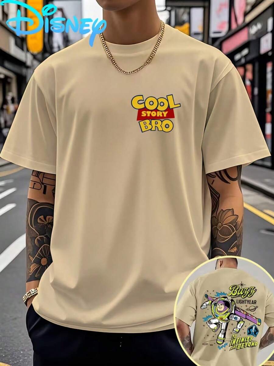Officially Authorized By Disney, Men's Summer Casual Short-Sleeved T-Shirt-"Toy Story" Buzz Lightyear Theme Printing, Breathable Fit Outdoor Sports And Home Leisure, Machine Washable T-Shirt, Comfortable Fabrics, Fashionable Design, Durable Materials, Vibrant Life. - Apricot - View 1