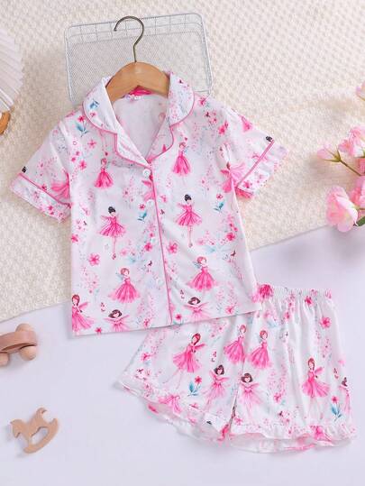 2pcs/Set Toddler & Little Girls' Sleepwear Set, Pink Casual Pajamas Set With Floral & Plant Prints, Flame Retardant Soft Breathable Fabric, Comfortable Fit, Ideal Gift For Girls