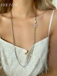 1pc Elegant Sexy Stainless Steel Letter C Rhinestone Long Necklace, Suitable For Gala And Party - Silver Long Necklace - View 2