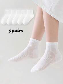 5 Pairs Children's Breathable Mesh Solid Color Socks, Odor-Resistant White Sports Socks For Boys And Girls Aged 2-16, Spring/Summer - Multicolor - View 1