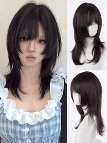 Synthetic Brown Black Medium Straight Jellyfish Wig With Bangs Natural Layered Wig Suitable For Women Daily Party - Multicolor - View 1