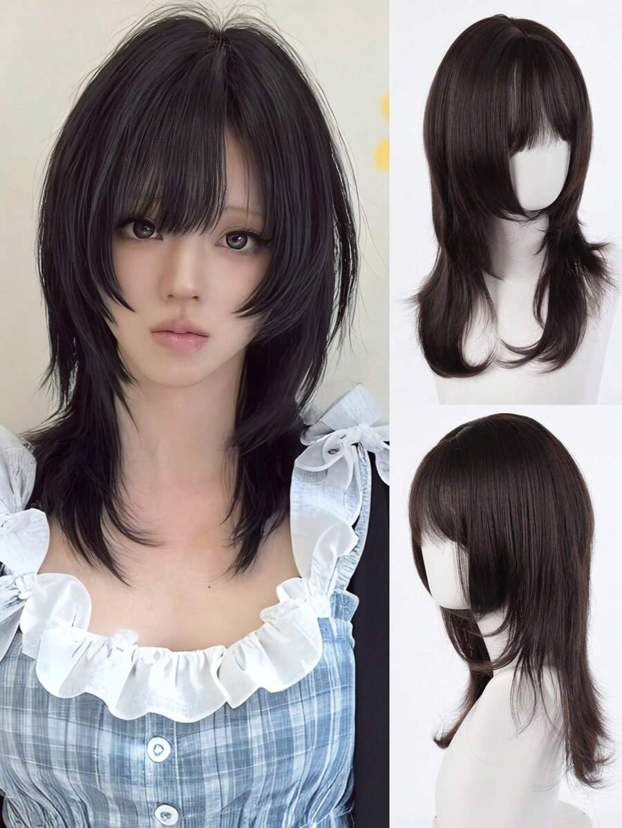Synthetic Brown Black Medium Straight Jellyfish Wig With Bangs Natural Layered Wig Suitable For Women Daily Party - Multicolor - View 1