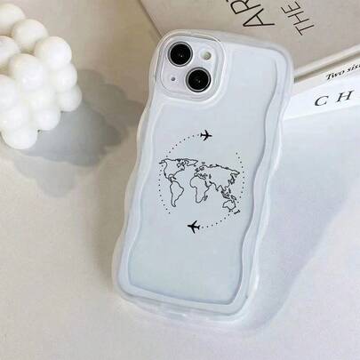 1个透明波浪形保护壳，旅行飞机地图图案，适合日常使用，兼容 17 Air/17 Pro/17 Pro Max/17/16 e/16/15/14/13/12/11/X/Xr/8/7和Galaxy A14/A15/A54/S24/S24 Ultra系列