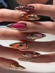 10pcs Gothic Palace Style Cute Baroque Glossy Red & Orange Wavy French Nail Art Stickers, Includes Gel Manicure Set. Metallic Pink & Orange Surface, Hand-Painted Gold Edges With Blue 3D Rhinestones, 3D Embellished Unique Design, Eye-Catching Colors, Exquisite Craftsmanship. Comes With 1 Piece Of Glue And 1 Piece Of Buffing File. - 彩色 - 查看 2