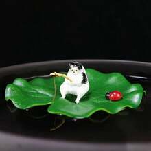 1个钓鱼猫摆件，逼真的漂浮荷叶装饰，水族箱趣味喂食配件，可搭配渔夫摆件，仿真瓢虫设计，适用于室内水族箱和室外鱼塘 - A - 查看 3