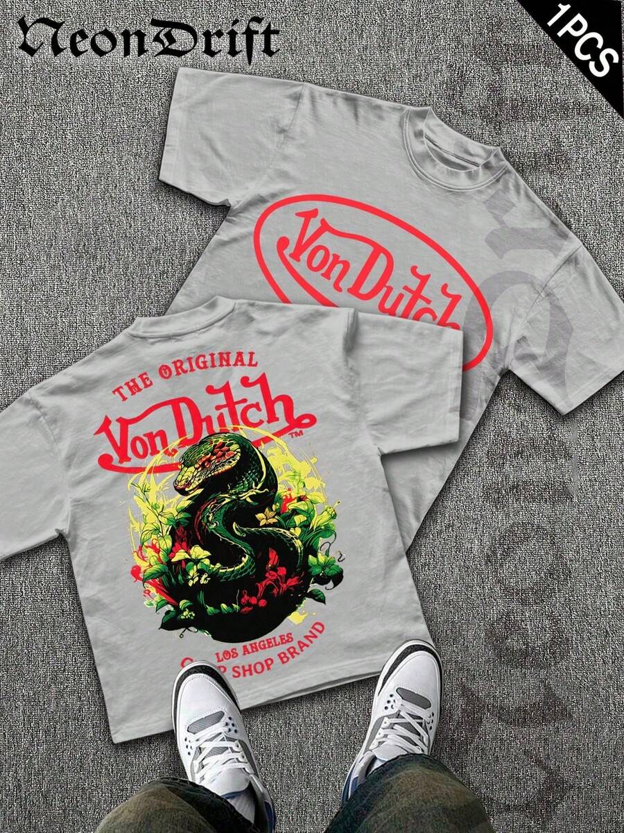 NeonDrift Double-Sided Printing Men's T-Shirt Men's Short-Sleeve T-Shirt100% Cotton Fabric Soft & Skin-Friendly Unisex Style Gifts For Spring Festival, Valentine's Day, St. Patrick's Day & World Cup-Van Dutch Dragon Print Men T Shirt Classic Americana Style Graphic Tee Streetwear Fashion Casual Wear For Car Enthusiasts And Vintage Culture Lovers - Màu Xám nhạt - Xem 1
