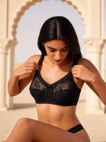 Temptuelle 女士轻薄日常文胸，大码支撑，全罩杯，蕾丝轻薄舒适无缝设计，提拉塑形。 - 黑色 - 查看 1