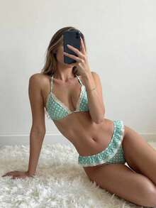 Bộ bikini ren chấm bi màu xanh bạc hà, kiểu dáng tankini năng động và ngọt ngào với viền bèo nhún, lý tưởng cho kỳ nghỉ hè trên bãi biển. - Nhiều màu - Xem 3
