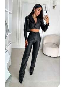 Women's Leather Set: Cropped Long-Sleeved Top And Wide-Leg Pants. Conservative/Modest. Boho Elegant. Sensual. Casual. Party. PU Leather. - 黑色 - 查看 3