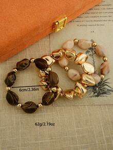 3pcs/Set Vintage Boho Style Thick Multi-Layer Brown Acrylic Beaded Bracelet, Luxury High-End For Women, Couples, Party, Daily Wear - Multicolor - View 2