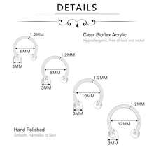 16G Anneau de retenue en plastique transparent pour nez, lèvre, septum, hélix, tragus. Anneau de retenue en bioflex acrylique pour rook, daith. Barbell en forme de fer à cheval en plastique pour le travail et l'école, de 6 mm à 12 mm - Transparent - Voir 2