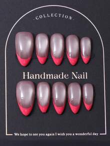 一套10片，欧美手工制作，杏仁形美甲贴纸，Y2K玫瑰色，法式风格，手工渐变细闪猫眼设计。内含1片果冻胶和1把指甲锉。非常适合日常使用，也适合科切拉音乐节等场合的造型，是美甲贴片和美甲护理产品的理想之选。 - 玫紅色 - 查看 2