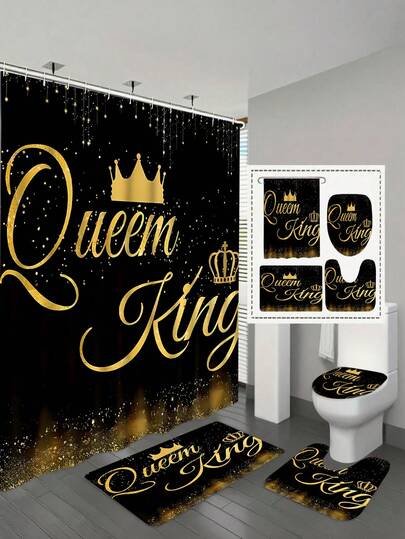 1pc/4pcs Black & Gold Sequin Polyester Thermal Insulation Bathroom Curtain Set, Includes 12 Hooks, Bathroom Mat, U-Shaped Mat, Toilet Seat Cover, Suitable For Bathroom Decor