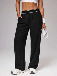 Women's Loose Fit Wide Leg Track Pants, Solid Color High Waist Athletic Pants With Contrast Waistband, Casual Outdoor & Loungewear Bottoms, Minimalist Stylish Activewear For Teens, Juniors & Adults, Ideal For Spring & Summer - 黑色 - 查看 1