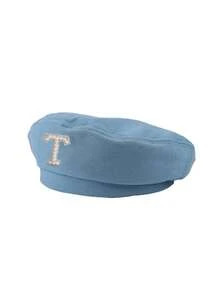 1 chiếc mũ beret nữ màu trơn, trang trí 26 chữ cái bằng ngọc trai, mũ thời trang thường ngày thanh lịch kiểu retro có thể điều chỉnh, quà tặng phong cách đường phố tối giản - Màu xanh bụi bặm - Xem 9