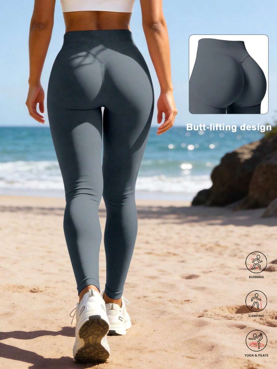 1 pieza Pantalones deportivos elásticos sin costuras de cintura alta de unicolor acanalado para mujer, primavera - Gris Oscuro - Ver 1