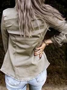 Women's Loose Stretch Fashion Denim Shirt, Ruffled Front, Casual Daily Streetwear Top Spring - Grey - View 3