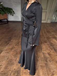 2pcs Women's Elegant Solid Color Long Sleeve Top And Skirt Set Spring Black - Black - View 5